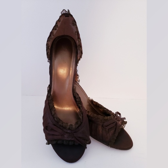 Brown Pleated Satin Ruffle Bow Open Toe Heel - Picture 1 of 7